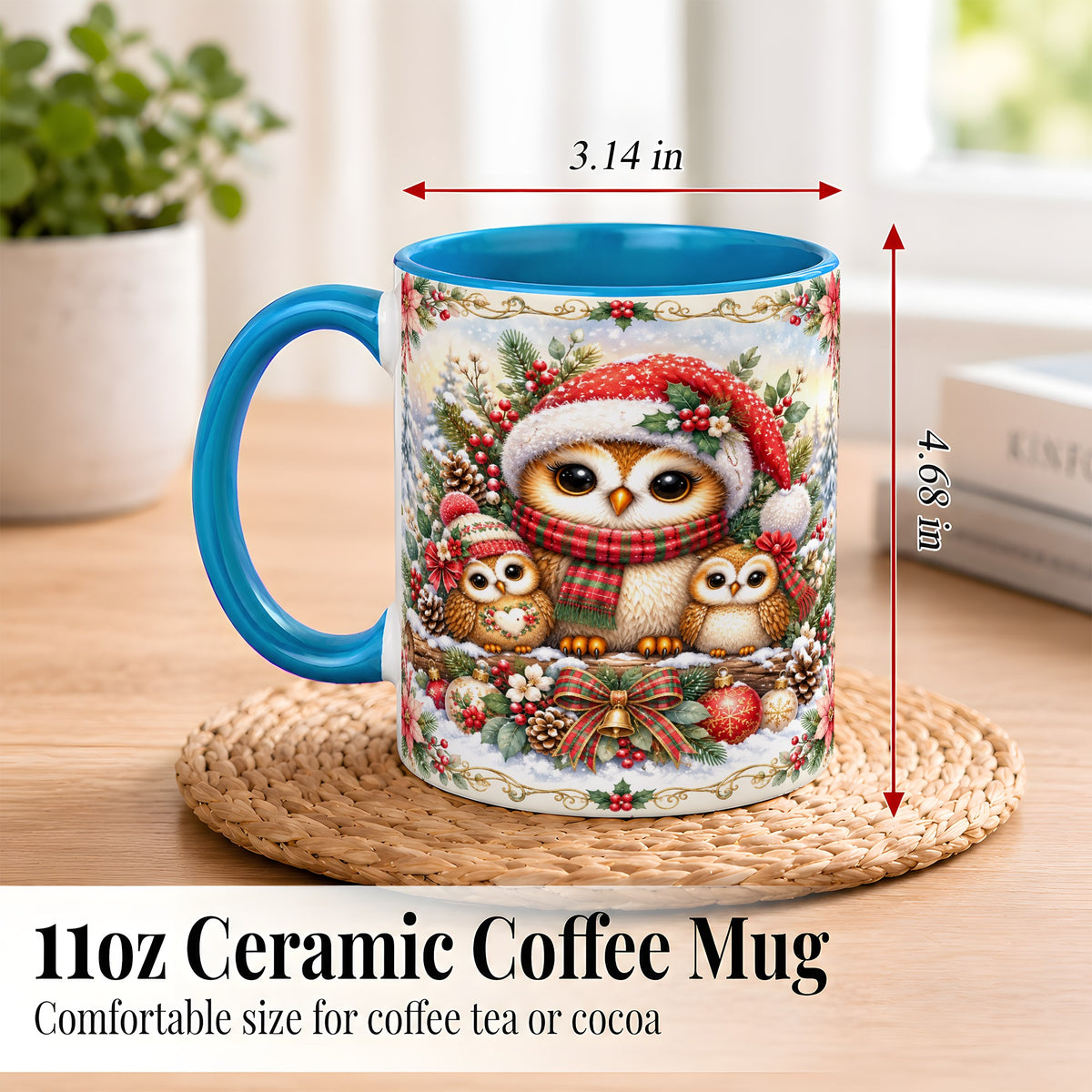 #pl[11oz|Blue] Vintage Owl Family Coffee Mug, Christmas Owl Mug, Ceramic Cup