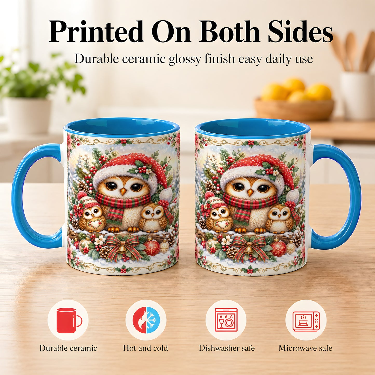 #pl[11oz|Blue] Vintage Owl Family Coffee Mug, Christmas Owl Mug, Ceramic Cup