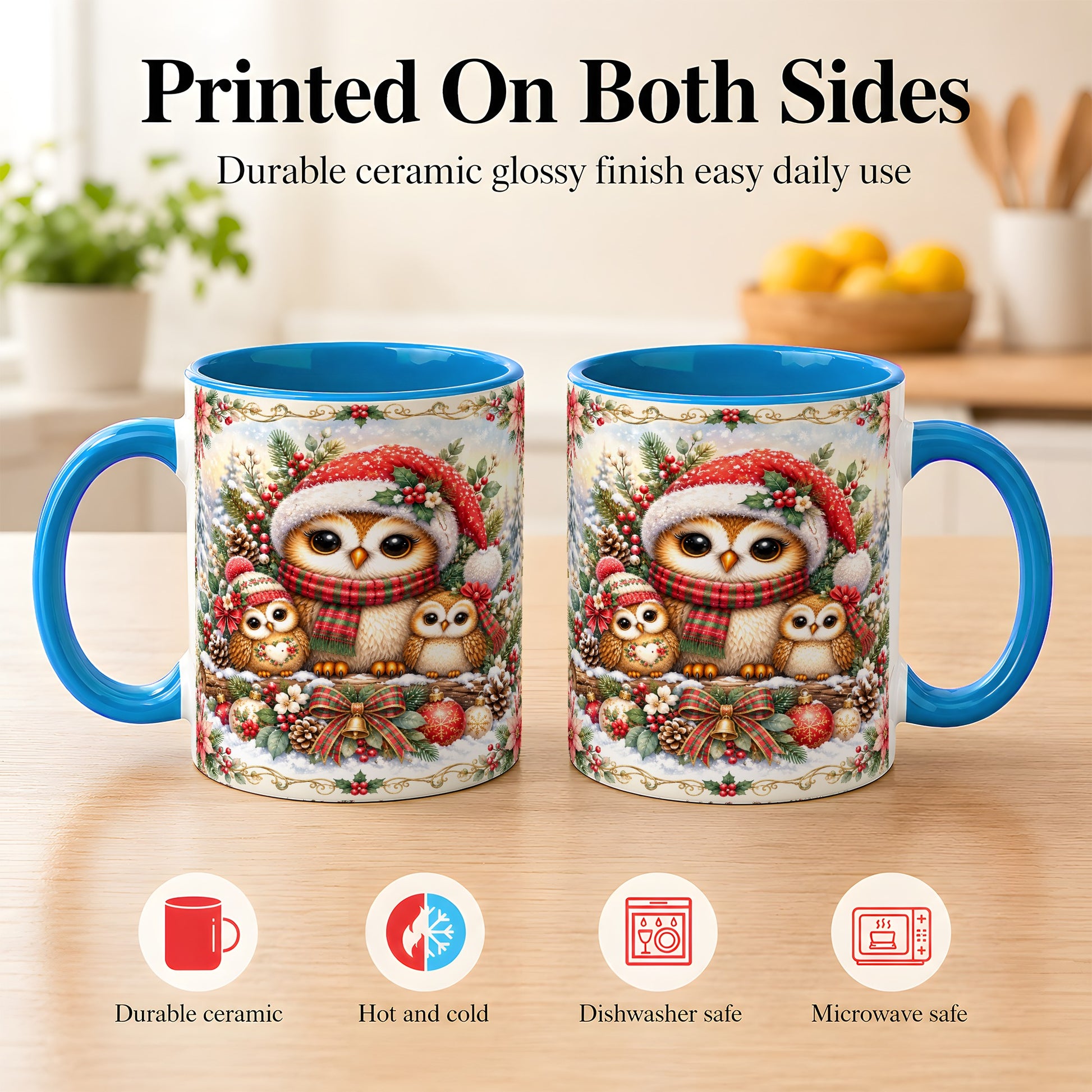 #pl[11oz|Blue] Vintage Owl Family Coffee Mug, Christmas Owl Mug, Ceramic Cup