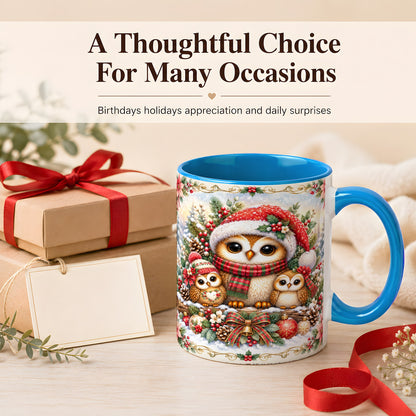 #pl[11oz|Blue] Vintage Owl Family Coffee Mug, Christmas Owl Mug, Ceramic Cup