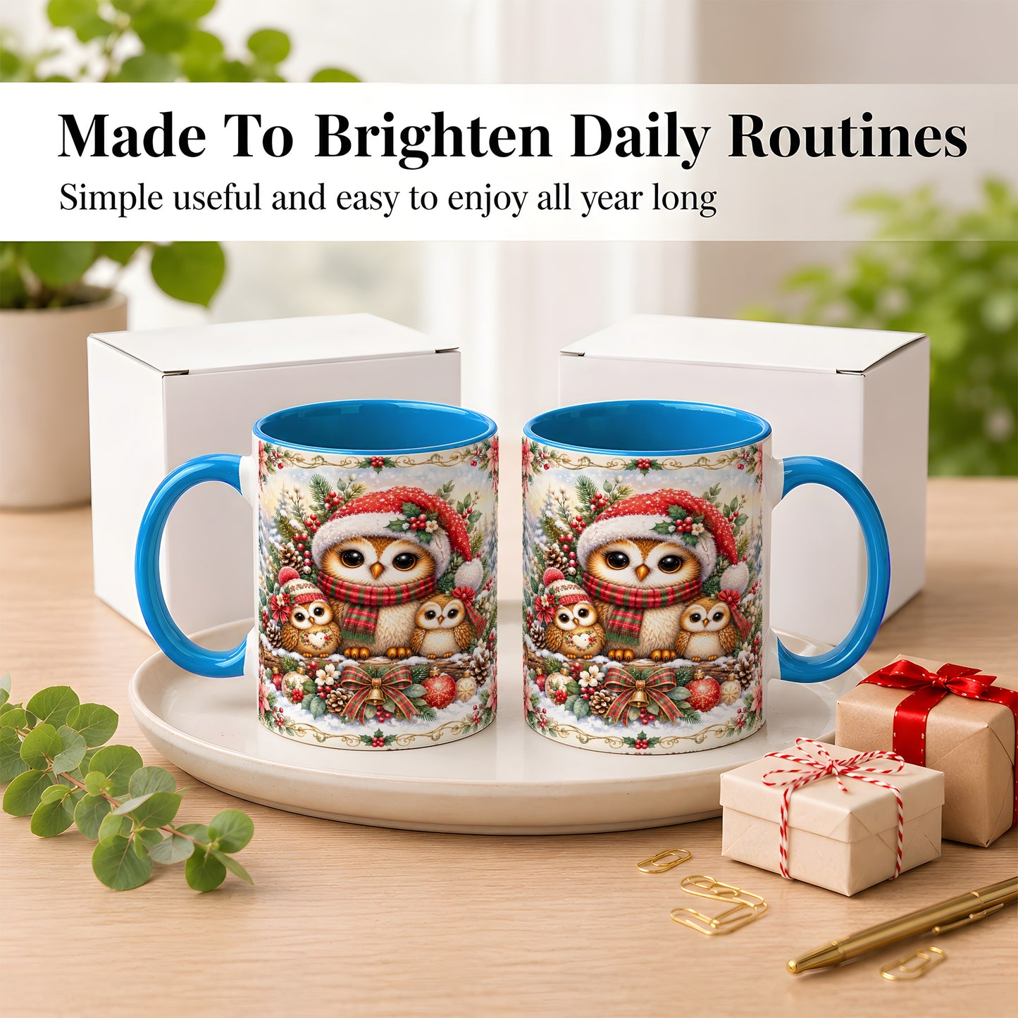 #pl[11oz|Blue] Vintage Owl Family Coffee Mug, Christmas Owl Mug, Ceramic Cup