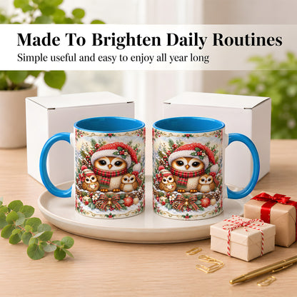 #pl[11oz|Blue] Vintage Owl Family Coffee Mug, Christmas Owl Mug, Ceramic Cup