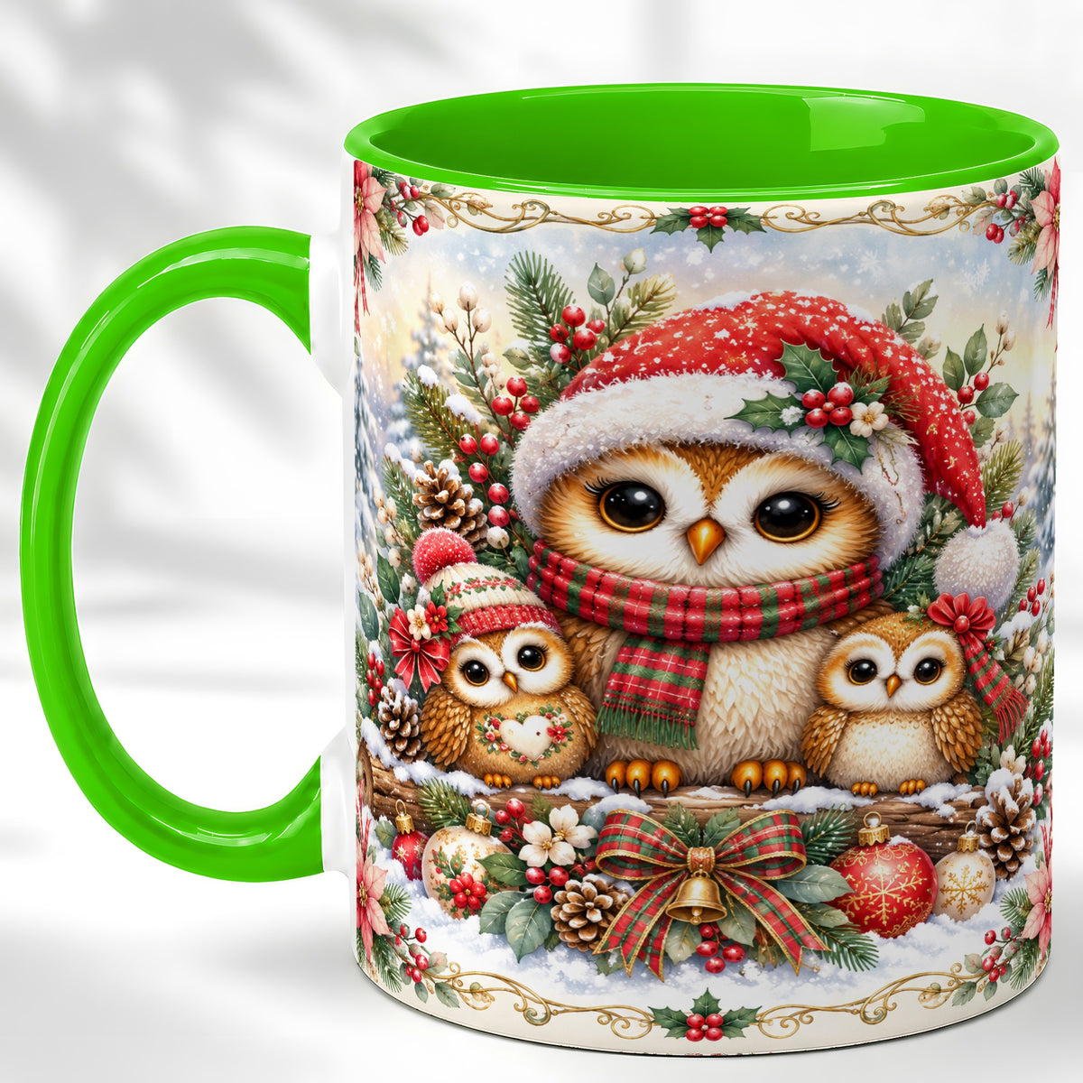 #pl[11oz|Green] Vintage Owl Family Coffee Mug, Christmas Owl Mug, Ceramic Cup