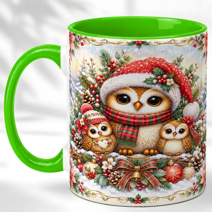#pl[11oz|Green] Vintage Owl Family Coffee Mug, Christmas Owl Mug, Ceramic Cup