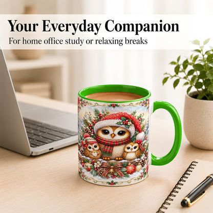 #pl[11oz|Green] Vintage Owl Family Coffee Mug, Christmas Owl Mug, Ceramic Cup