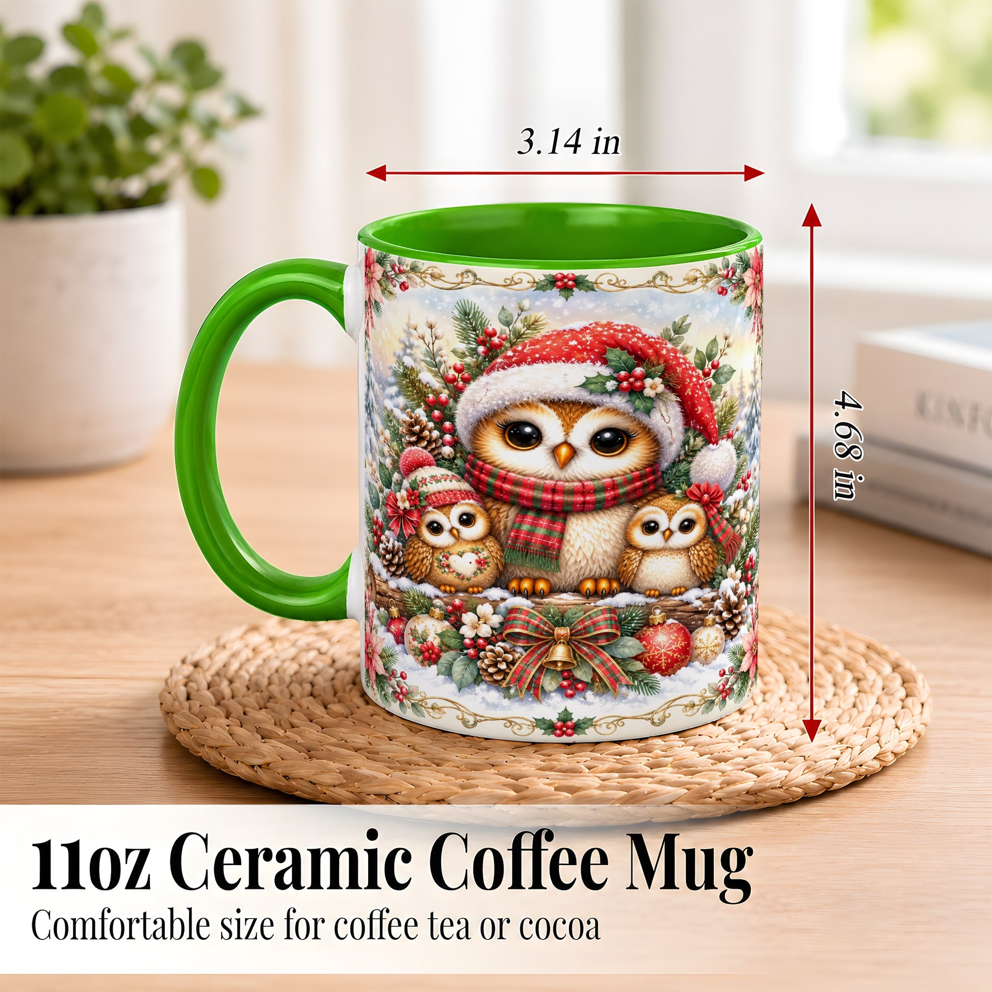 #pl[11oz|Green] Vintage Owl Family Coffee Mug, Christmas Owl Mug, Ceramic Cup