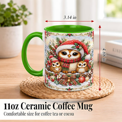 #pl[11oz|Green] Vintage Owl Family Coffee Mug, Christmas Owl Mug, Ceramic Cup