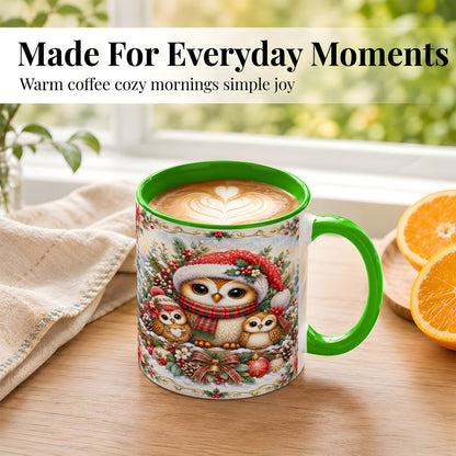 #pl[11oz|Green] Vintage Owl Family Coffee Mug, Christmas Owl Mug, Ceramic Cup