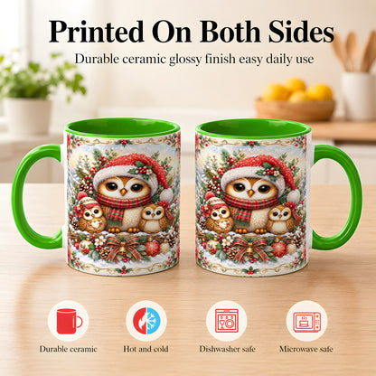 #pl[11oz|Green] Vintage Owl Family Coffee Mug, Christmas Owl Mug, Ceramic Cup