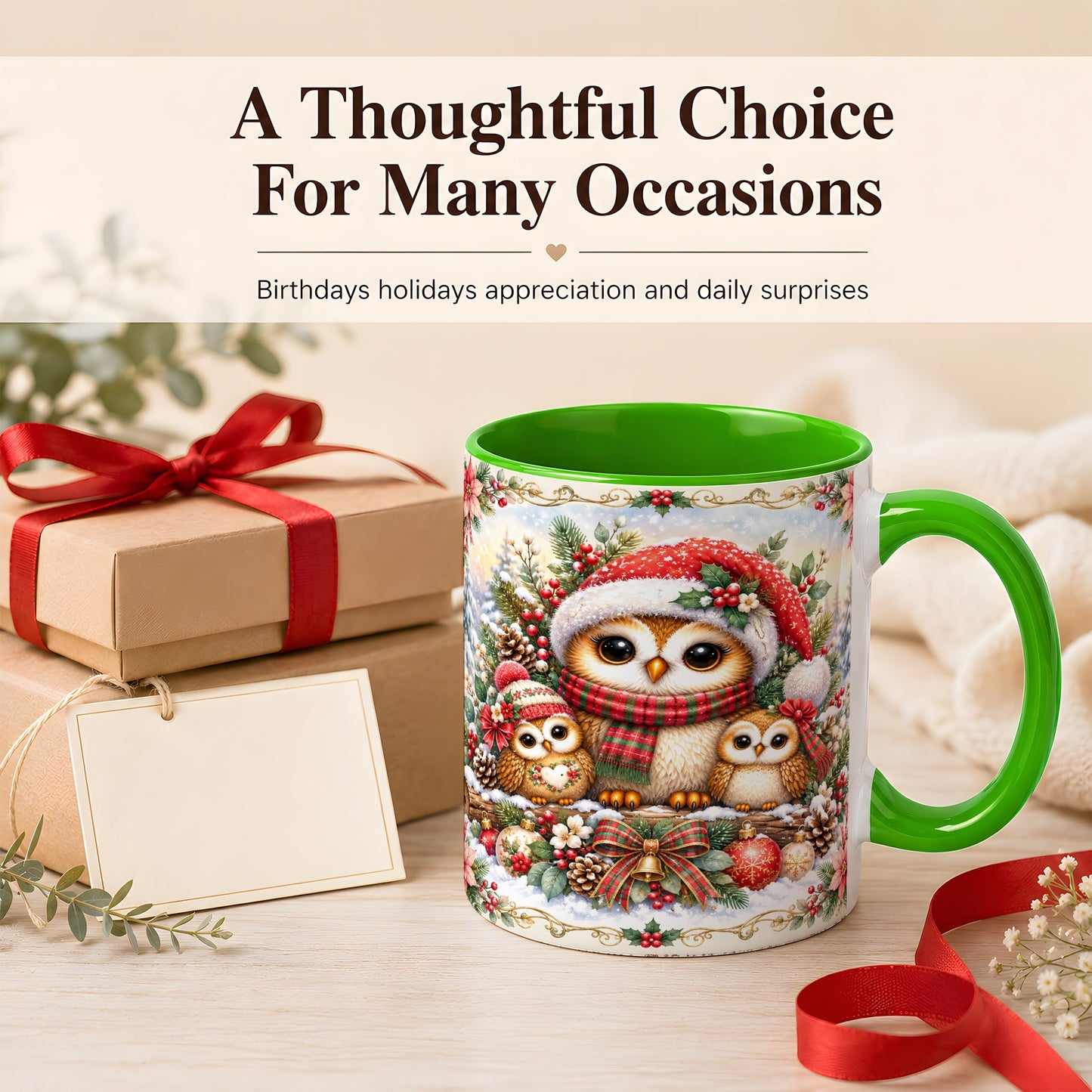 #pl[11oz|Green] Vintage Owl Family Coffee Mug, Christmas Owl Mug, Ceramic Cup