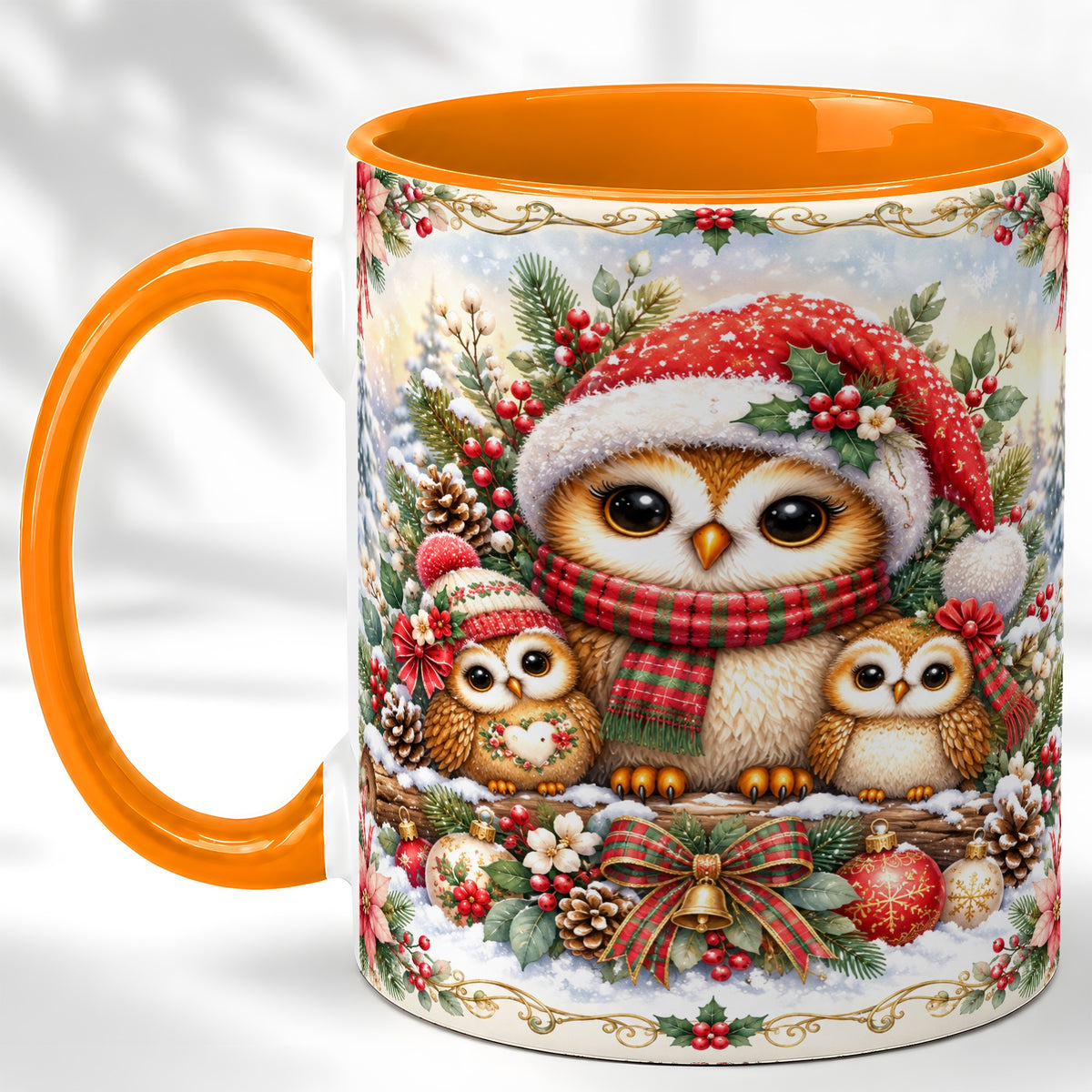 #pl[11oz|Orange] Vintage Owl Family Coffee Mug, Christmas Owl Mug, Ceramic Cup