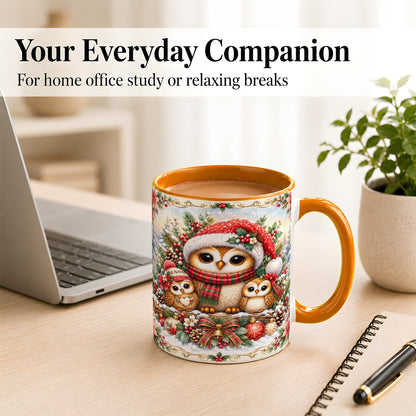 #pl[11oz|Orange] Vintage Owl Family Coffee Mug, Christmas Owl Mug, Ceramic Cup
