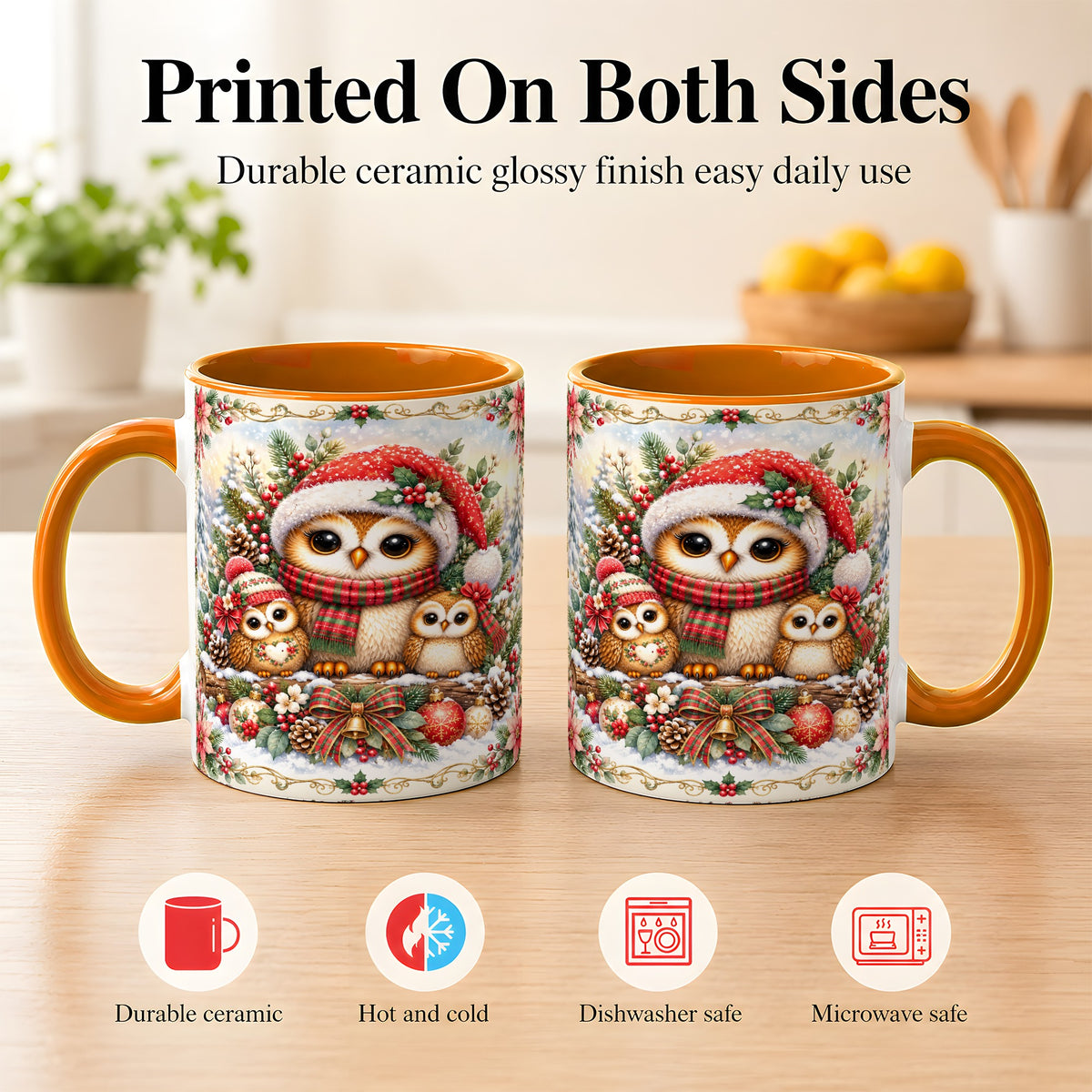 #pl[11oz|Orange] Vintage Owl Family Coffee Mug, Christmas Owl Mug, Ceramic Cup