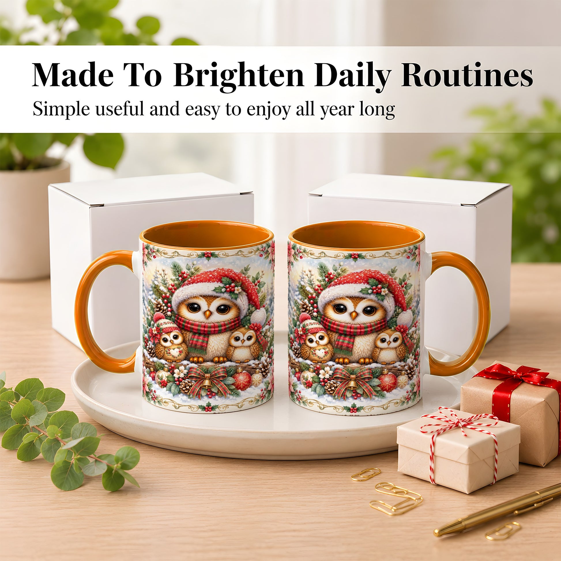 #pl[11oz|Orange] Vintage Owl Family Coffee Mug, Christmas Owl Mug, Ceramic Cup