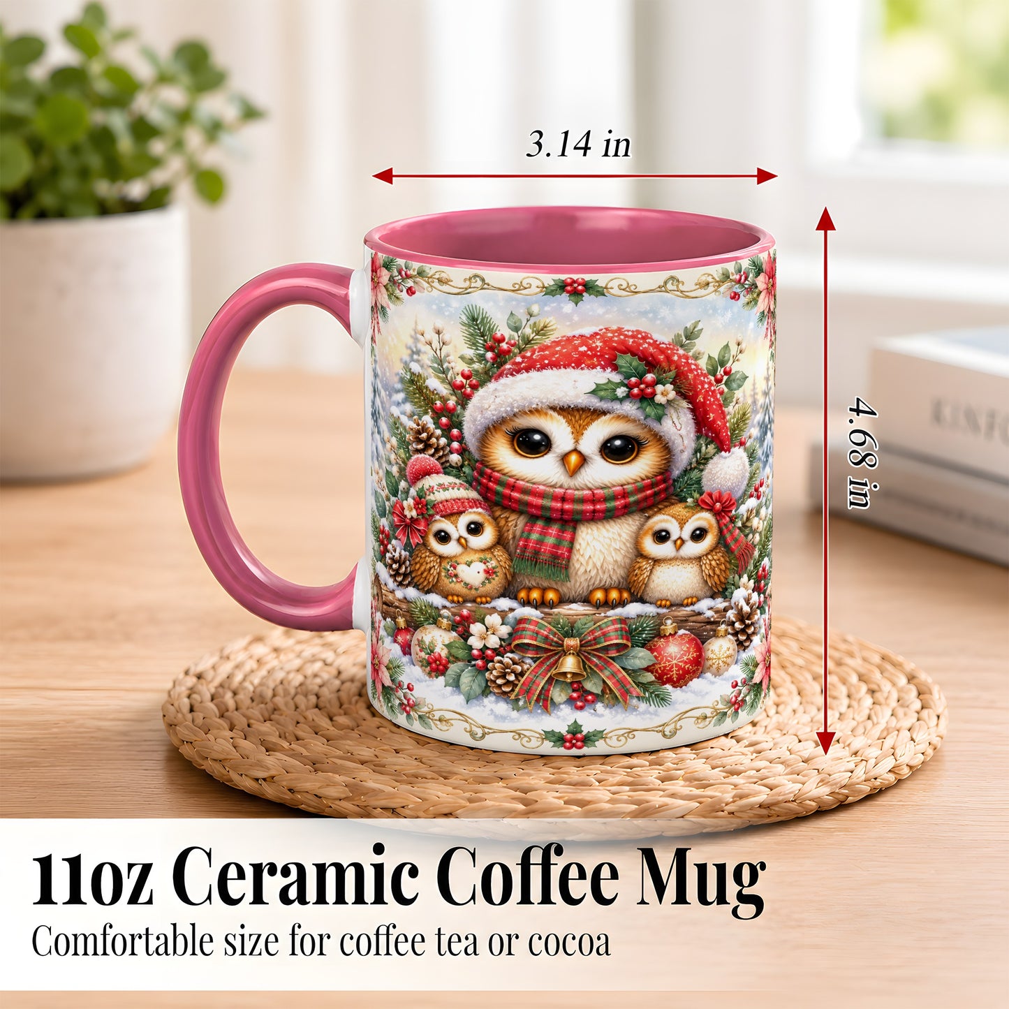 #pl[11oz|Pink] Vintage Owl Family Coffee Mug, Christmas Owl Mug, Ceramic Cup