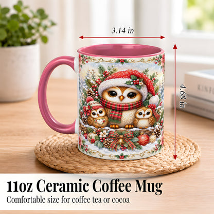 #pl[11oz|Pink] Vintage Owl Family Coffee Mug, Christmas Owl Mug, Ceramic Cup