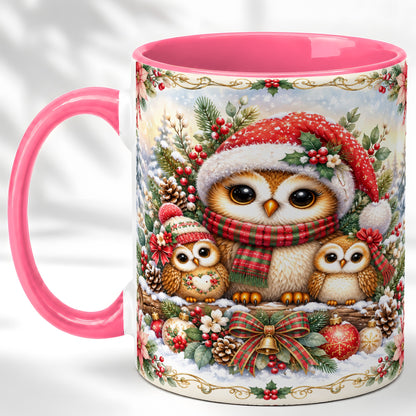 #pl[11oz|Pink] Vintage Owl Family Coffee Mug, Christmas Owl Mug, Ceramic Cup