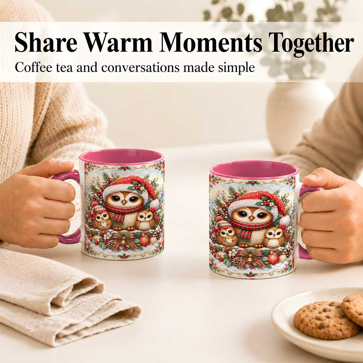 #pl[11oz|Pink] Vintage Owl Family Coffee Mug, Christmas Owl Mug, Ceramic Cup