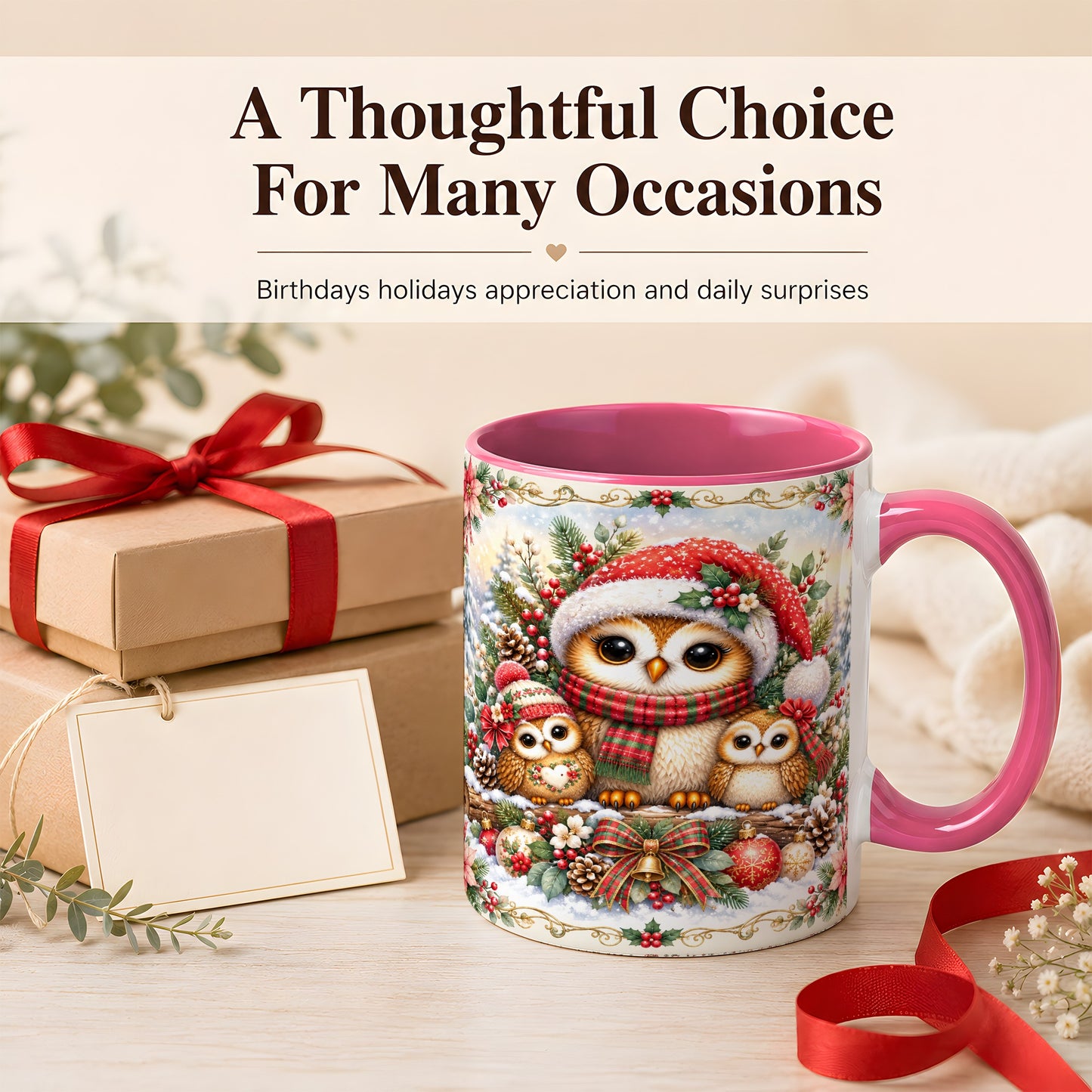 #pl[11oz|Pink] Vintage Owl Family Coffee Mug, Christmas Owl Mug, Ceramic Cup