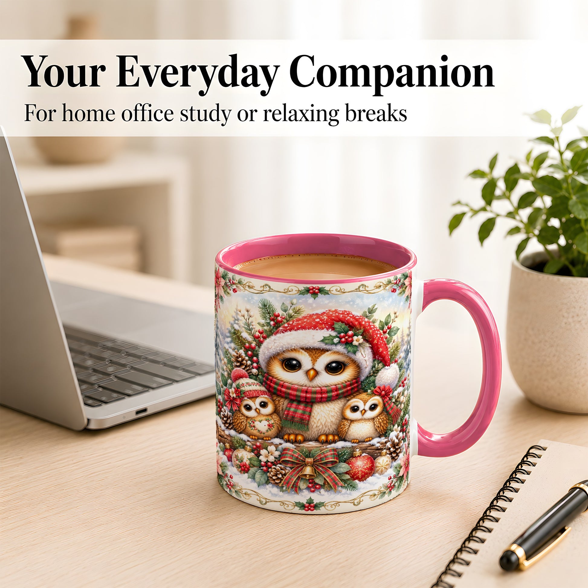 #pl[11oz|Pink] Vintage Owl Family Coffee Mug, Christmas Owl Mug, Ceramic Cup