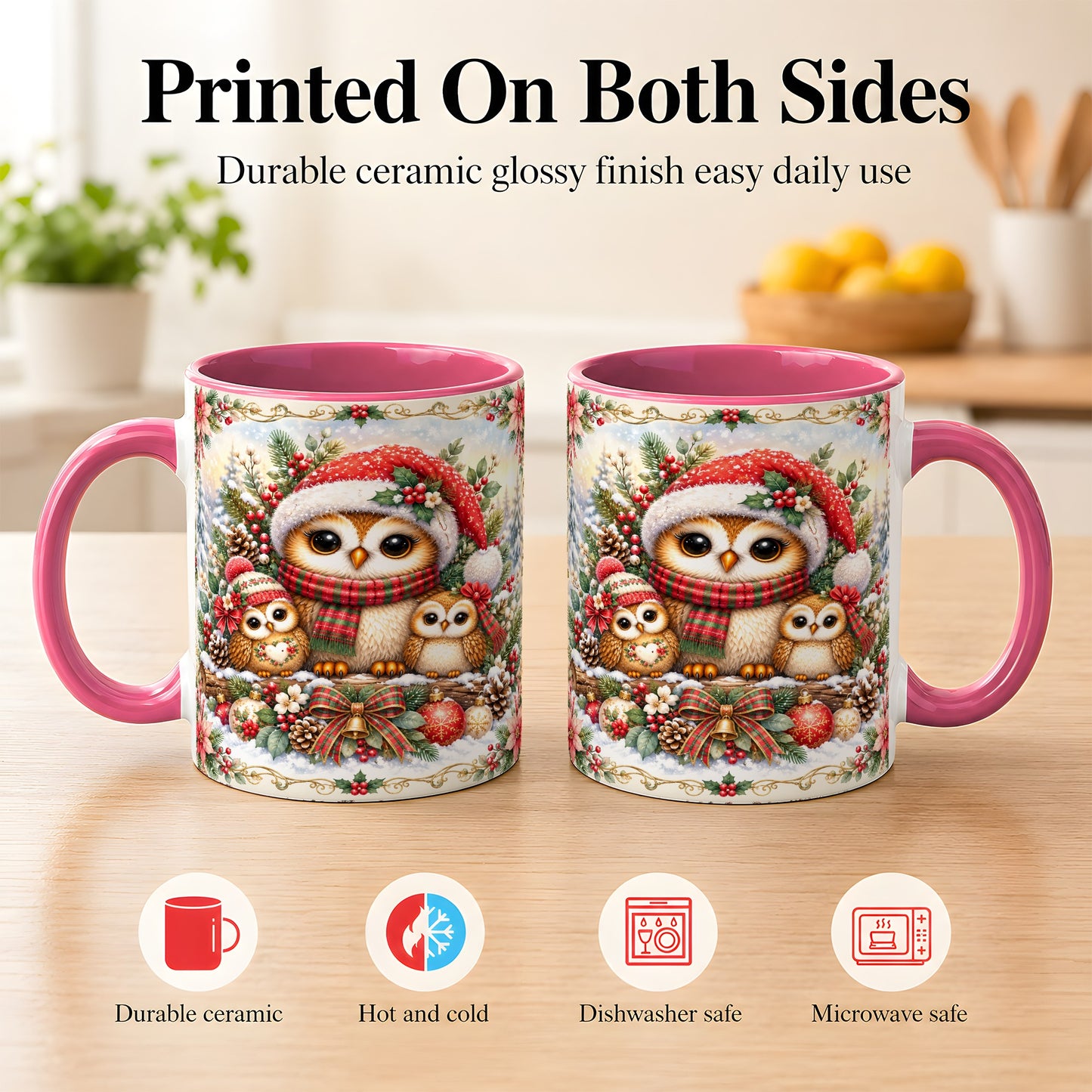 #pl[11oz|Pink] Vintage Owl Family Coffee Mug, Christmas Owl Mug, Ceramic Cup