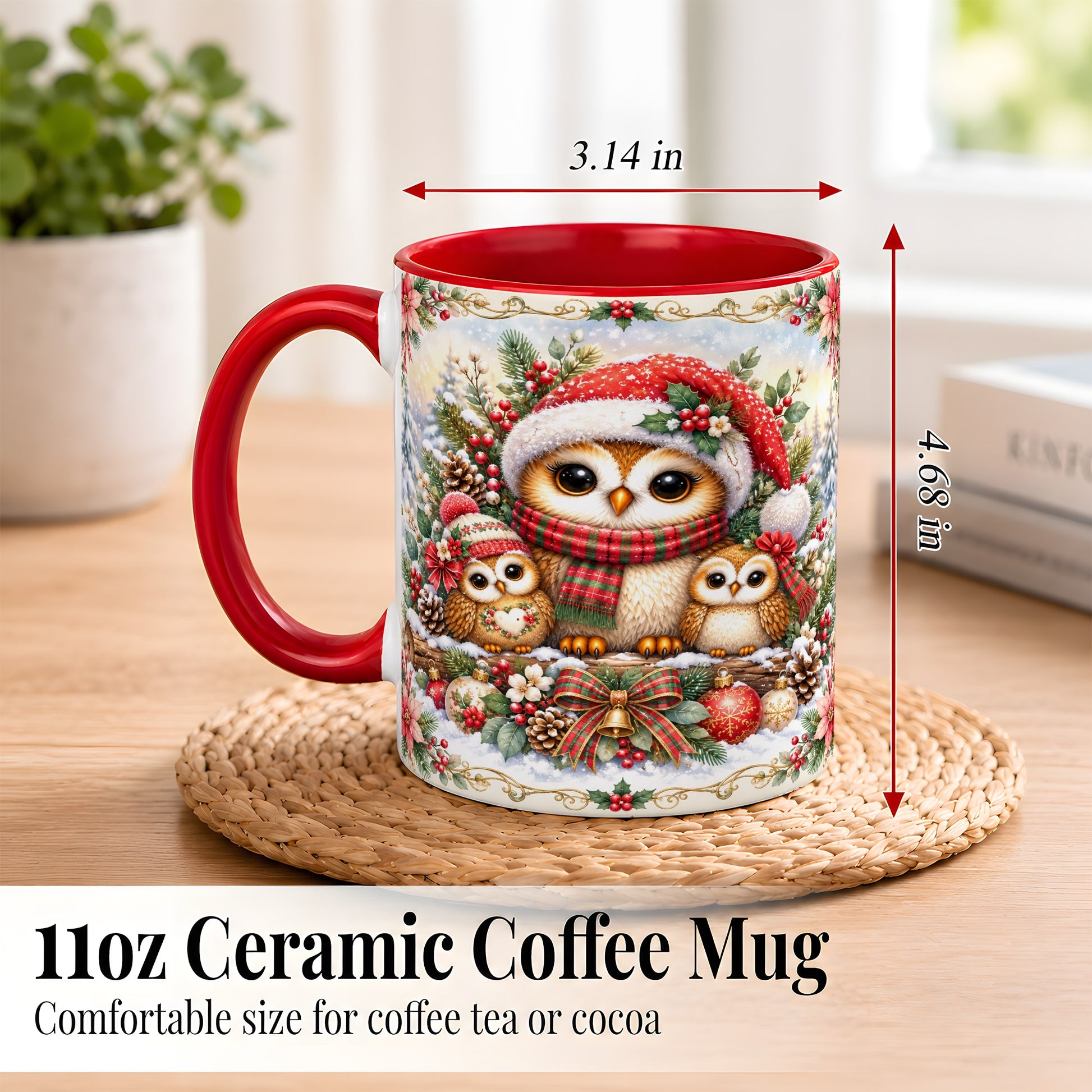 #pl[11oz|Red] Vintage Owl Family Coffee Mug, Christmas Owl Mug, Ceramic Cup