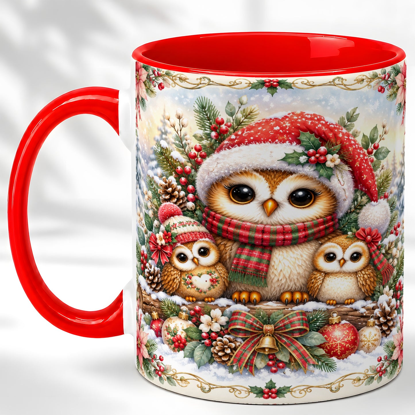 Vintage Owl Family Coffee Mug, Christmas Owl Mug, Ceramic Cup