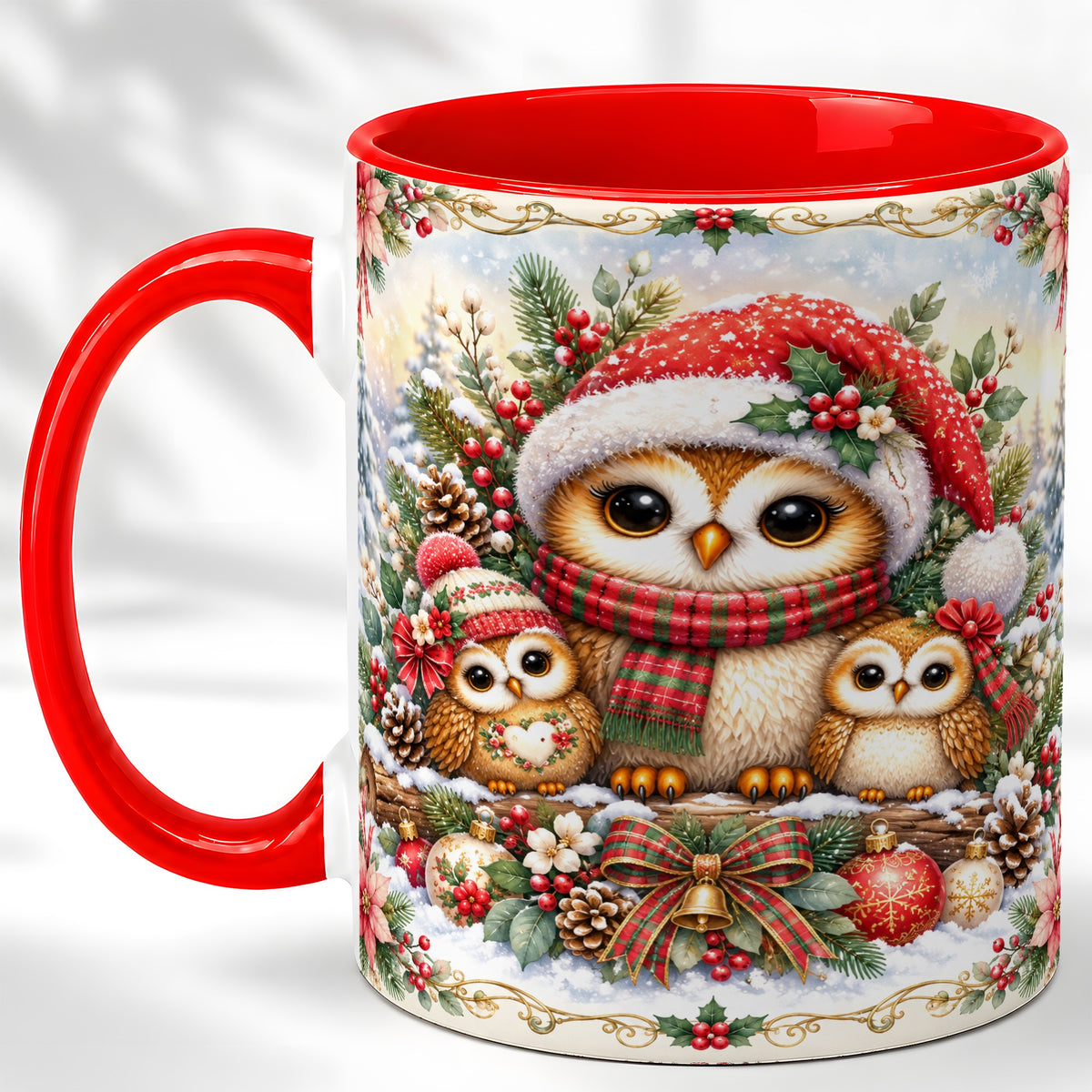 Vintage Owl Family Coffee Mug, Christmas Owl Mug, Ceramic Cup