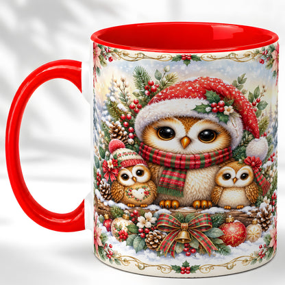 Vintage Owl Family Coffee Mug, Christmas Owl Mug, Ceramic Cup