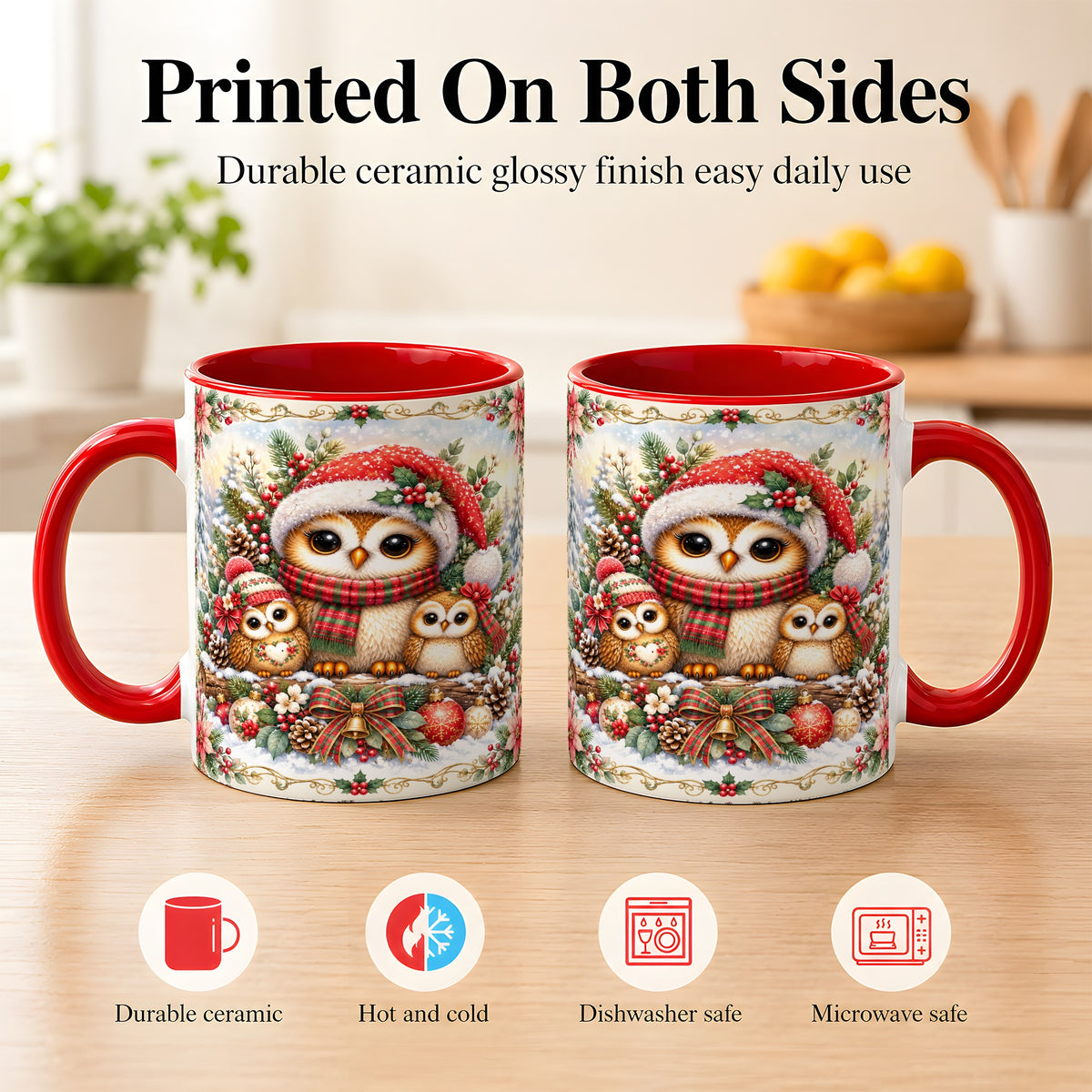 #pl[11oz|Red] Vintage Owl Family Coffee Mug, Christmas Owl Mug, Ceramic Cup