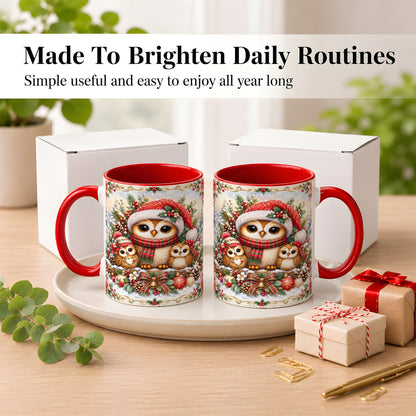#pl[11oz|Red] Vintage Owl Family Coffee Mug, Christmas Owl Mug, Ceramic Cup