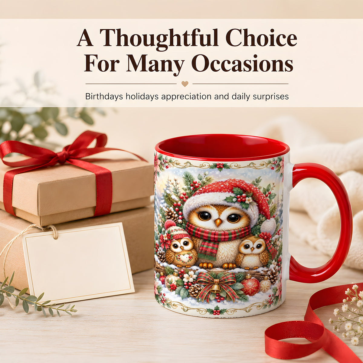 #pl[11oz|Red] Vintage Owl Family Coffee Mug, Christmas Owl Mug, Ceramic Cup