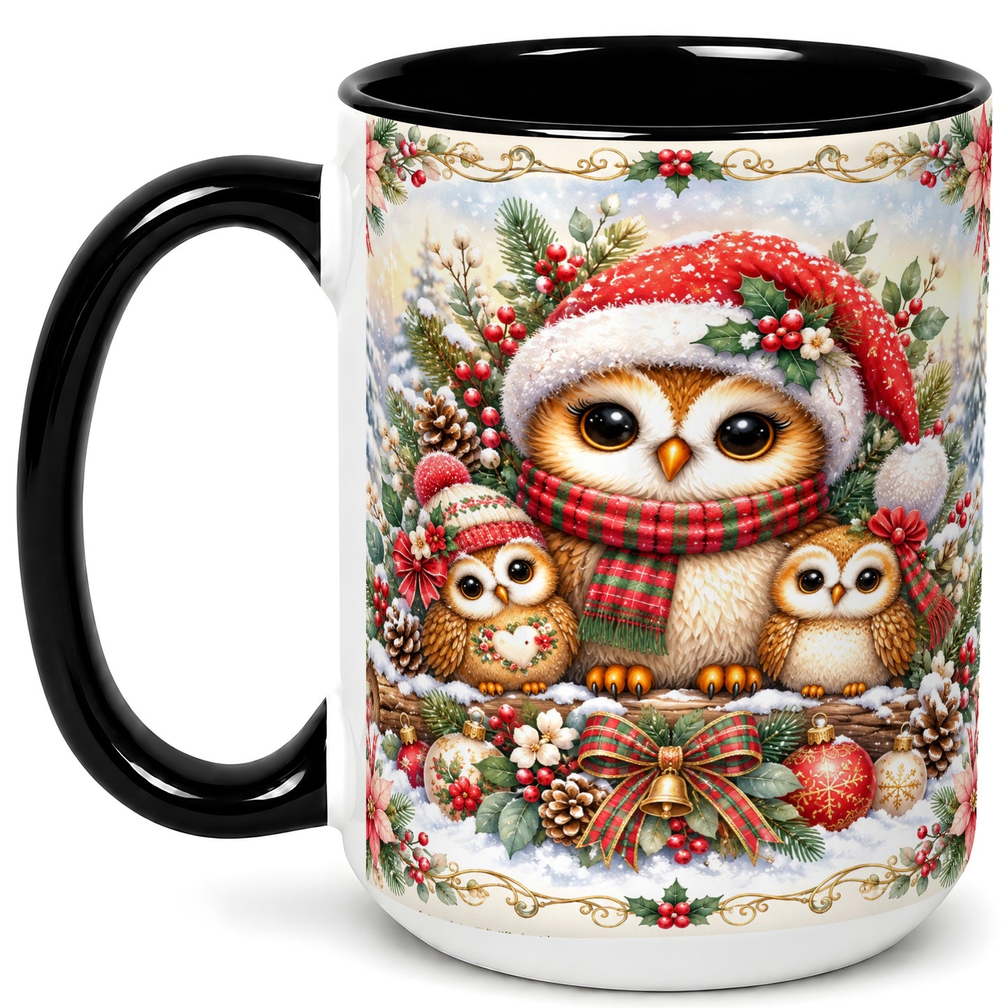 #pl[15oz|Black] Vintage Owl Family Coffee Mug, Christmas Owl Mug, Ceramic Cup