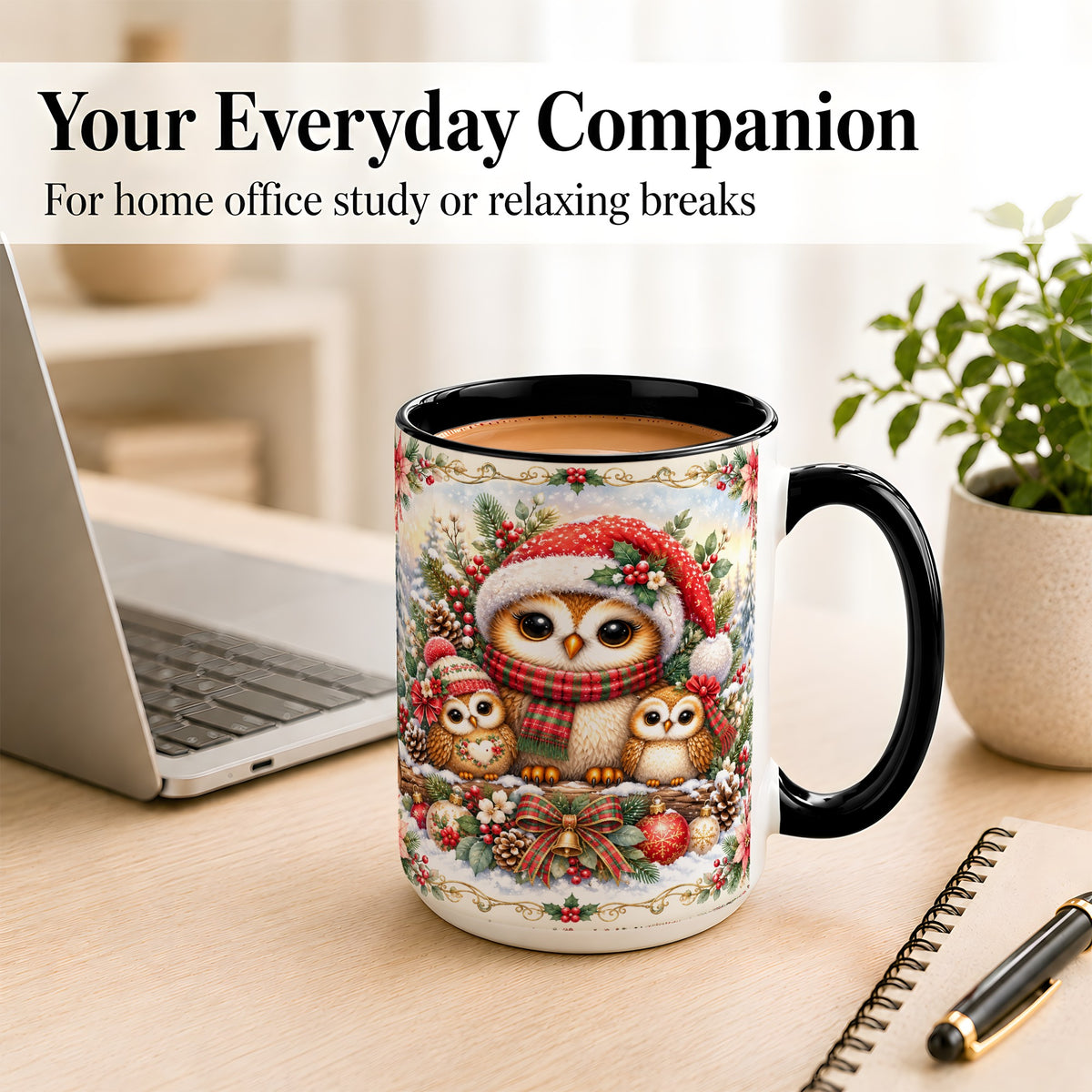 #pl[15oz|Black] Vintage Owl Family Coffee Mug, Christmas Owl Mug, Ceramic Cup