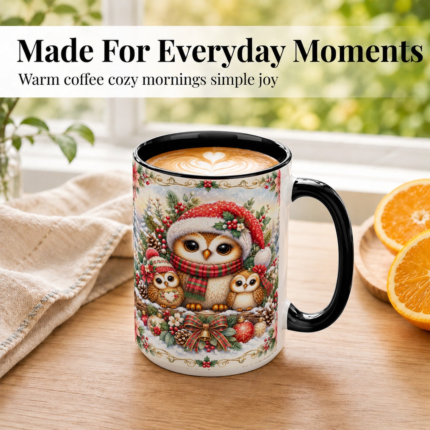 #pl[15oz|Black] Vintage Owl Family Coffee Mug, Christmas Owl Mug, Ceramic Cup