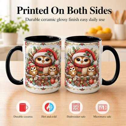 #pl[15oz|Black] Vintage Owl Family Coffee Mug, Christmas Owl Mug, Ceramic Cup