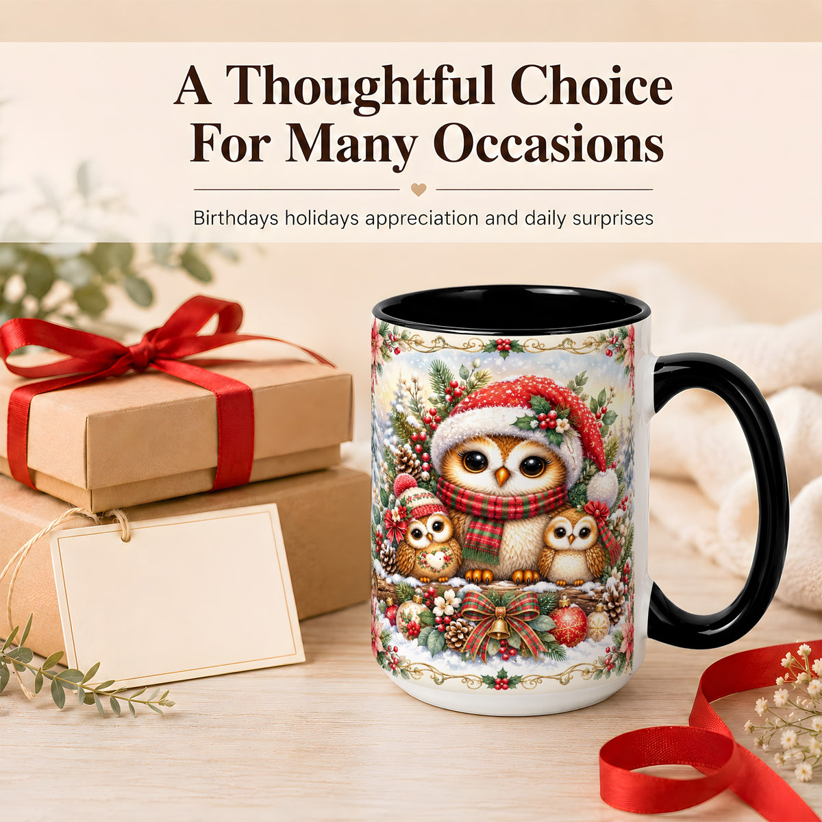 #pl[15oz|Black] Vintage Owl Family Coffee Mug, Christmas Owl Mug, Ceramic Cup
