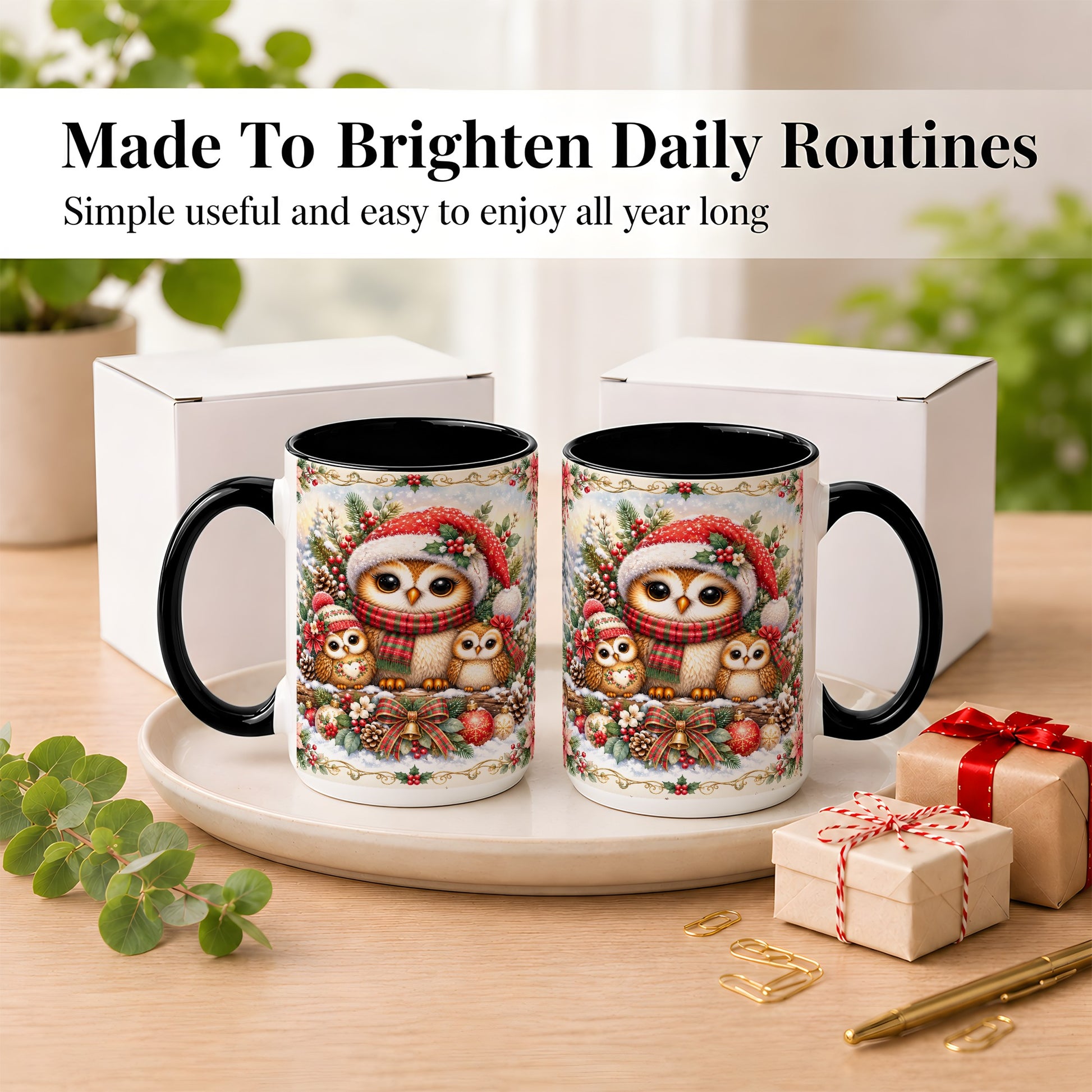#pl[15oz|Black] Vintage Owl Family Coffee Mug, Christmas Owl Mug, Ceramic Cup