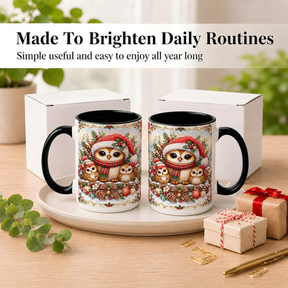 #pl[15oz|Black] Vintage Owl Family Coffee Mug, Christmas Owl Mug, Ceramic Cup