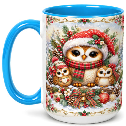 #pl[15oz|Blue] Vintage Owl Family Coffee Mug, Christmas Owl Mug, Ceramic Cup