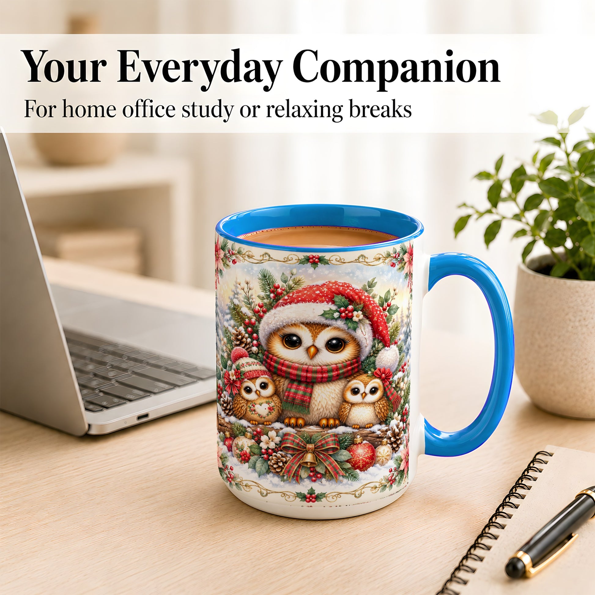 #pl[15oz|Blue] Vintage Owl Family Coffee Mug, Christmas Owl Mug, Ceramic Cup
