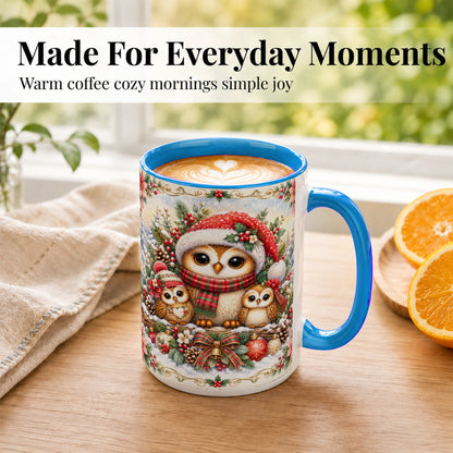 #pl[15oz|Blue] Vintage Owl Family Coffee Mug, Christmas Owl Mug, Ceramic Cup