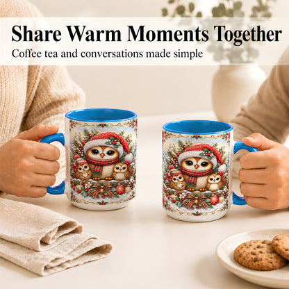 #pl[15oz|Blue] Vintage Owl Family Coffee Mug, Christmas Owl Mug, Ceramic Cup