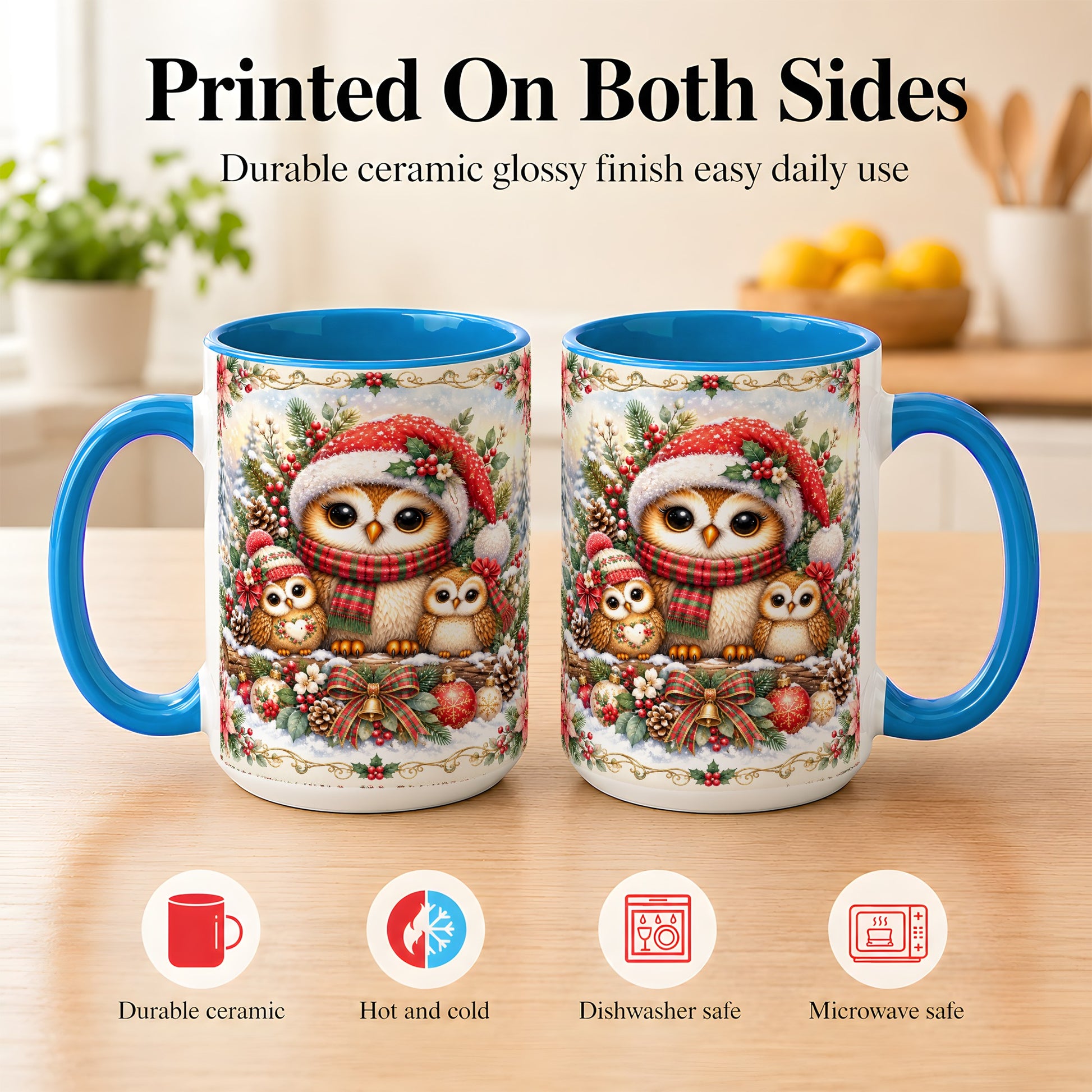 #pl[15oz|Blue] Vintage Owl Family Coffee Mug, Christmas Owl Mug, Ceramic Cup
