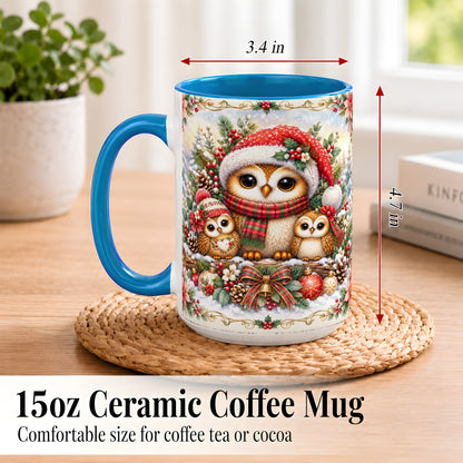 #pl[15oz|Blue] Vintage Owl Family Coffee Mug, Christmas Owl Mug, Ceramic Cup