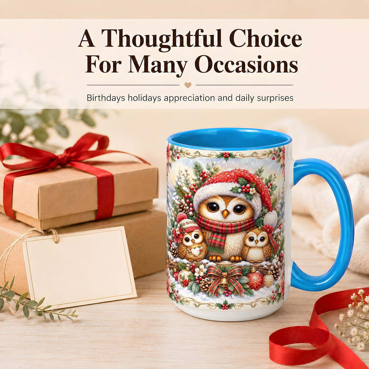 #pl[15oz|Blue] Vintage Owl Family Coffee Mug, Christmas Owl Mug, Ceramic Cup