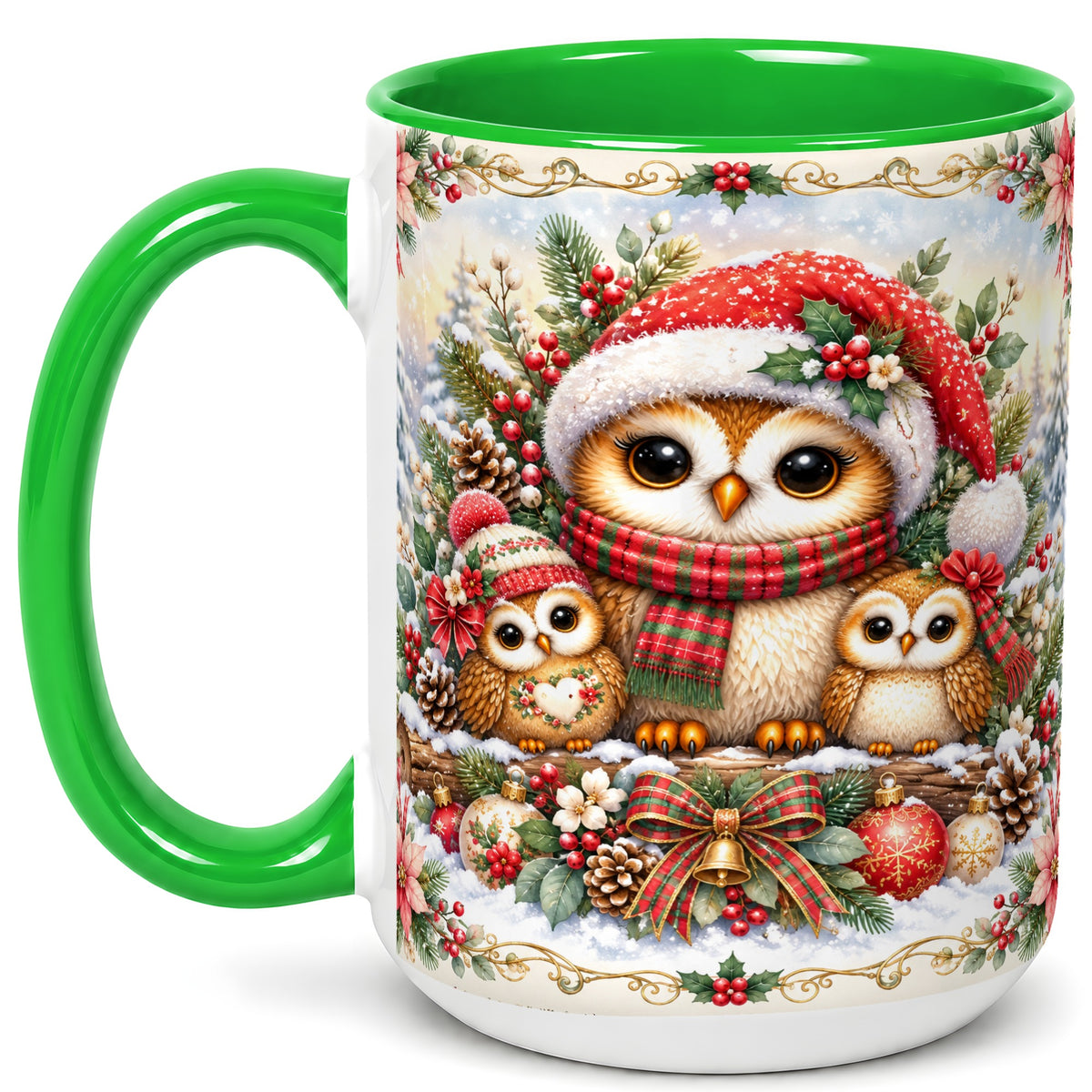 #pl[15oz|Green] Vintage Owl Family Coffee Mug, Christmas Owl Mug, Ceramic Cup