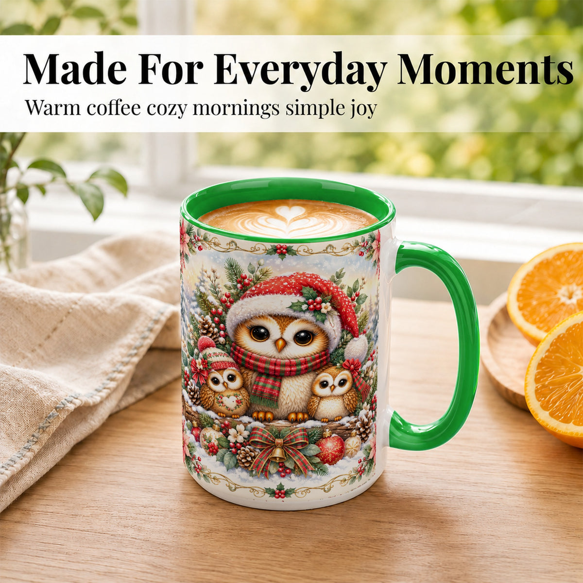 #pl[15oz|Green] Vintage Owl Family Coffee Mug, Christmas Owl Mug, Ceramic Cup