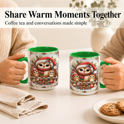 #pl[15oz|Green] Vintage Owl Family Coffee Mug, Christmas Owl Mug, Ceramic Cup