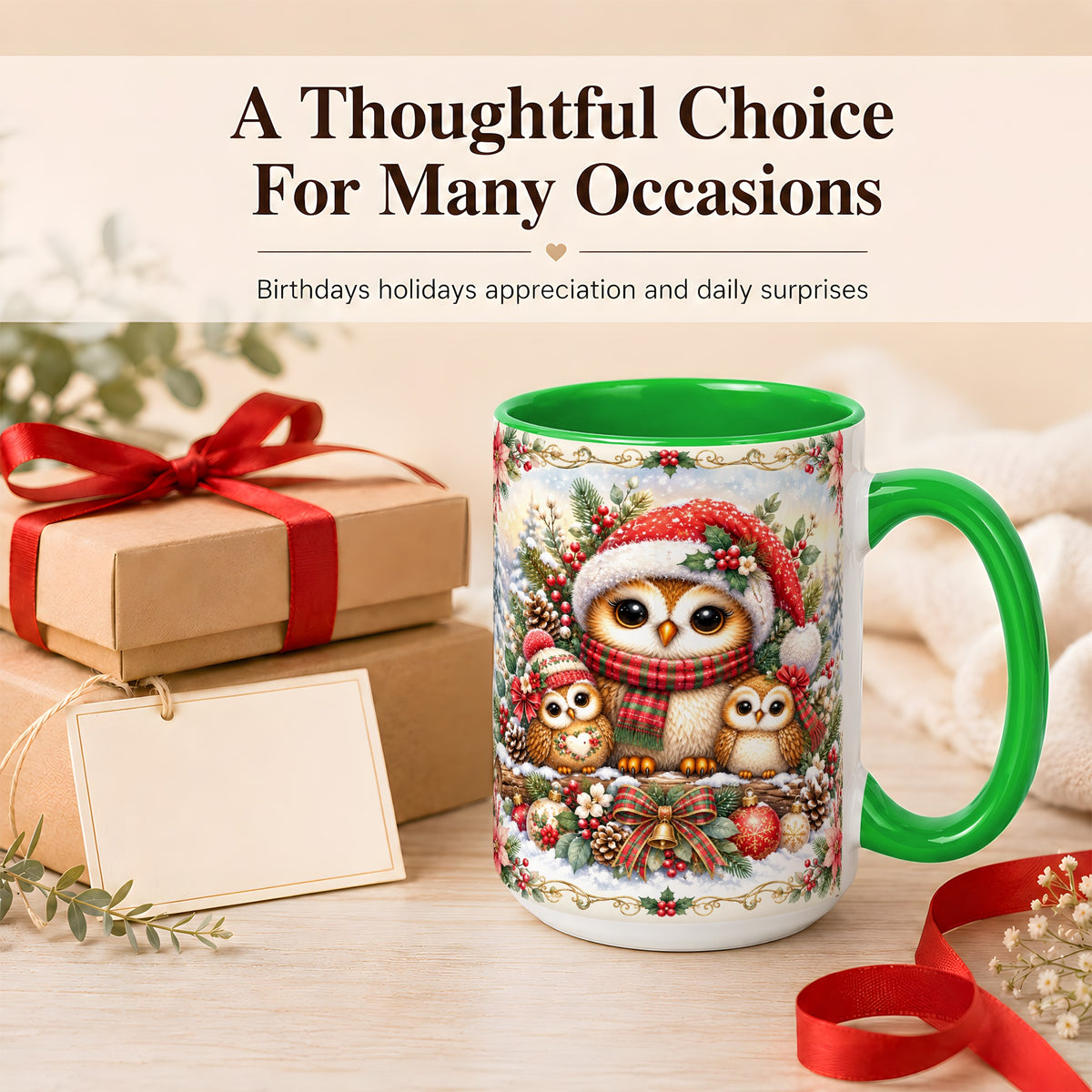 #pl[15oz|Green] Vintage Owl Family Coffee Mug, Christmas Owl Mug, Ceramic Cup
